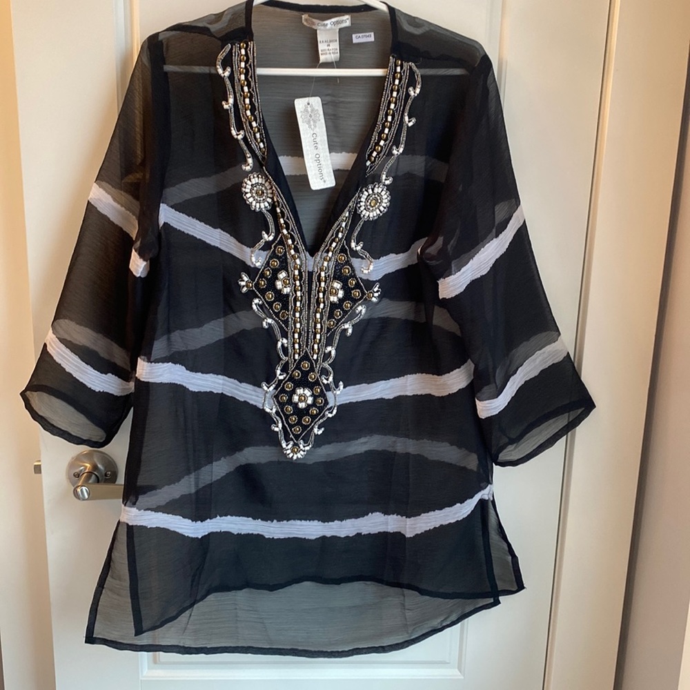 Beaded Beach Swimwear Coverup NWT!  Black with white stripe  👙